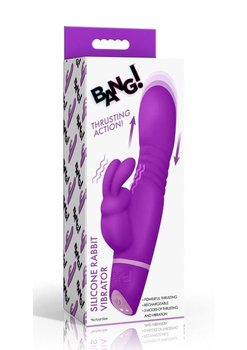 ¡Bang! Vibrador de silicona recargable tipo conejo con empuje, color morado.