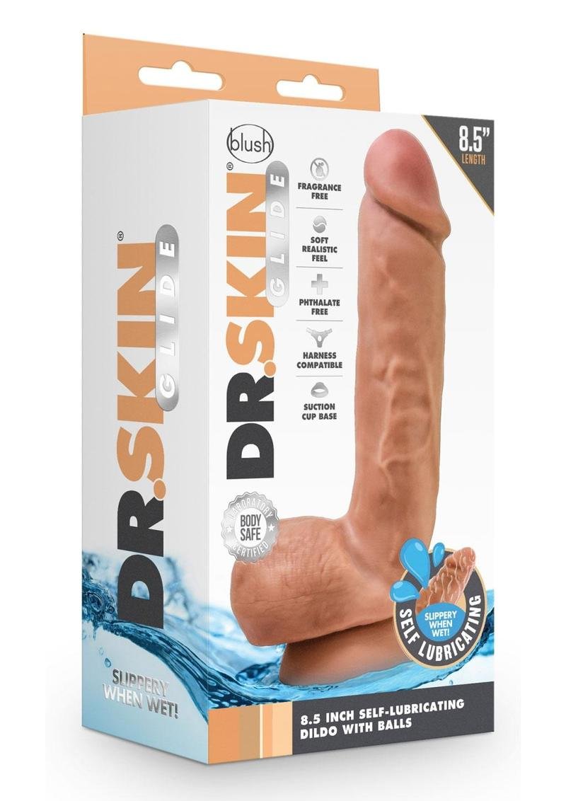 Dr. Skin Glide Gold Collection Auto lubricado Dildo con testÃculos 8.5in - Caramel