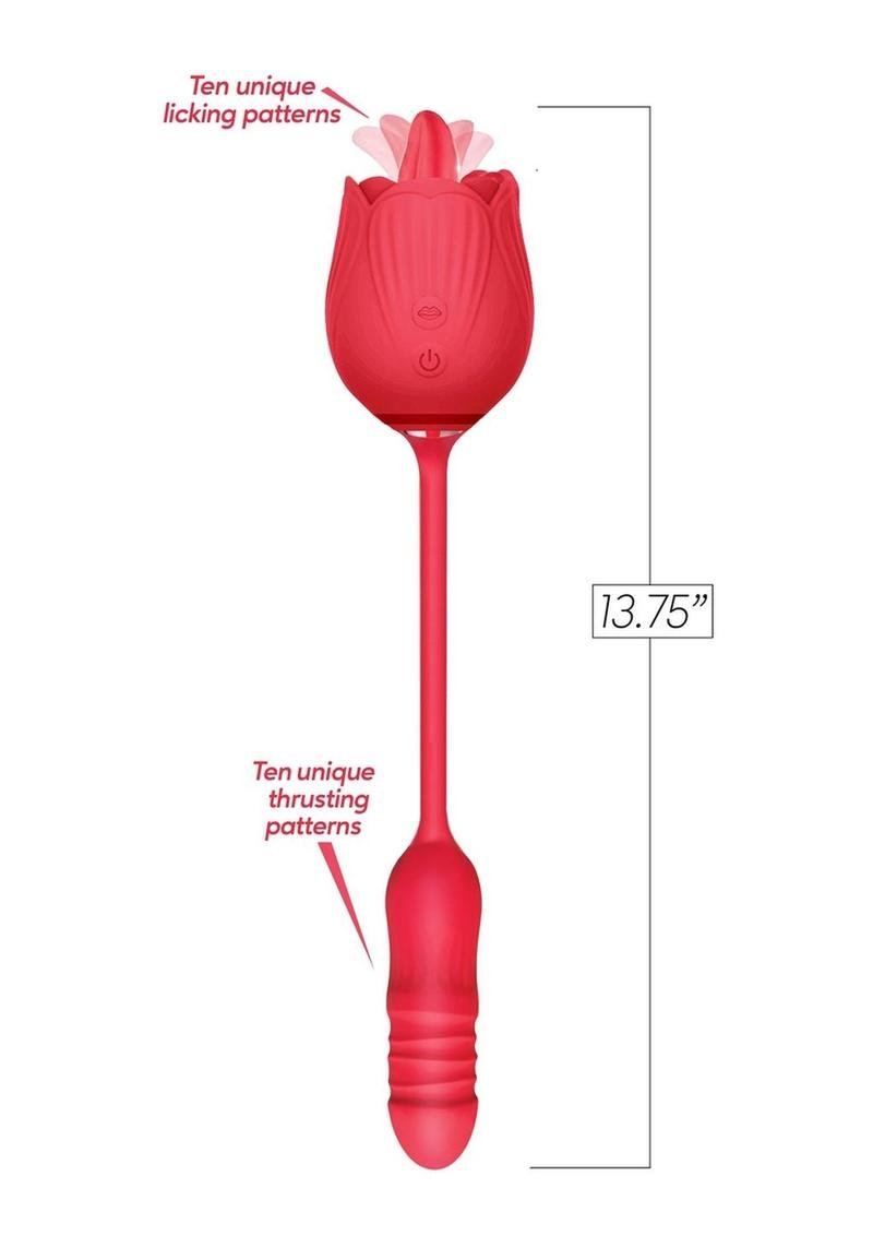 Vibrador Icon Brands - Wild Rose Lick & Thrust Rechargeable Silicone Dual Vibrator with Clitoral Stimulator - Red - Imagen 2