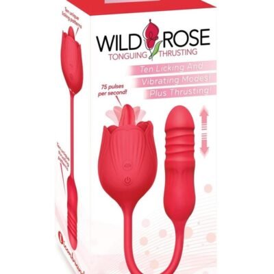 Vibrador Icon Brands - Wild Rose Lick & Thrust Rechargeable Silicone Dual Vibrator with Clitoral Stimulator - Red