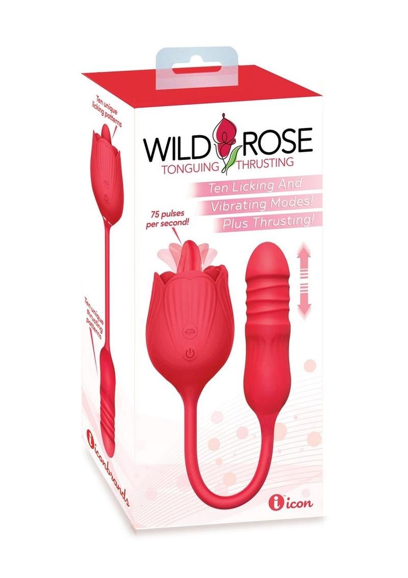 Vibrador Icon Brands - Wild Rose Lick & Thrust Rechargeable Silicone Dual Vibrator with Clitoral Stimulator - Red