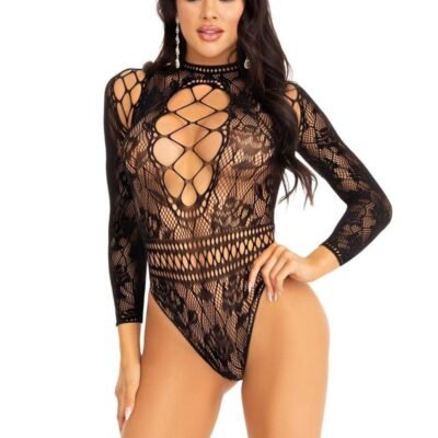 Body de encaje y tul con cuello alto y abertura en la espalda - OS - Black