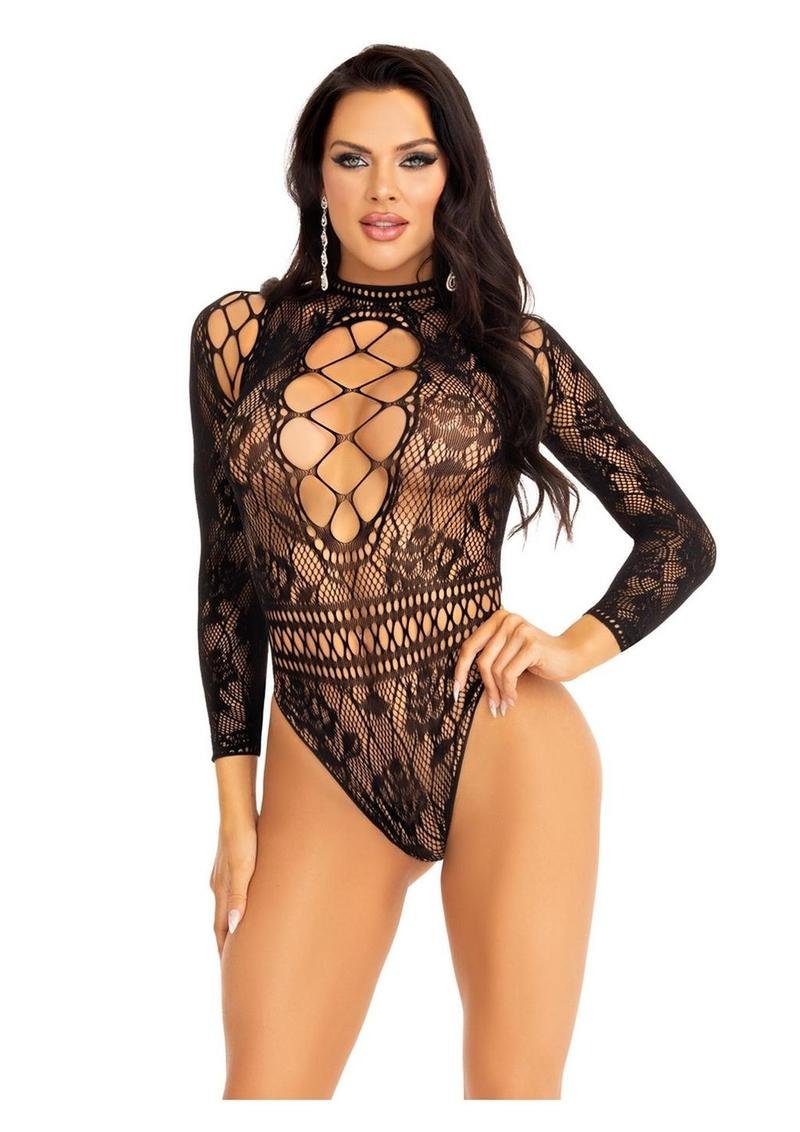 Body de encaje y tul con cuello alto y abertura en la espalda - OS - Black
