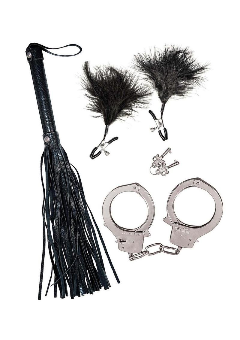 Accesorio bondage / BDSM Nasstoys Bondage plumeros, látigo y kit de esposas- Black - Imagen 2