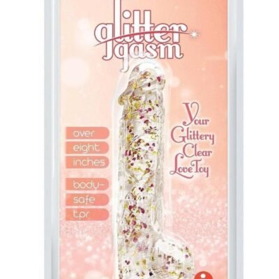 Glittergasm Realistic Clear Dildo with Balls and Suction Cup - Red/Orange/Golden Glitter